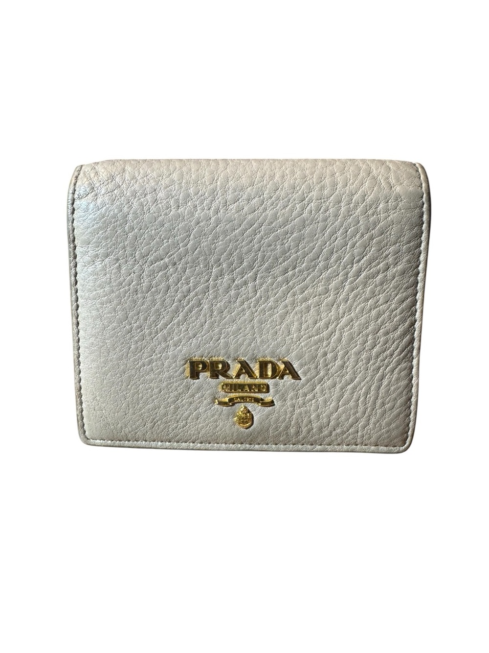 Prada Neutral Cammeo & Peonia Vitello Daino Leather Compact Wallet Gold Logo